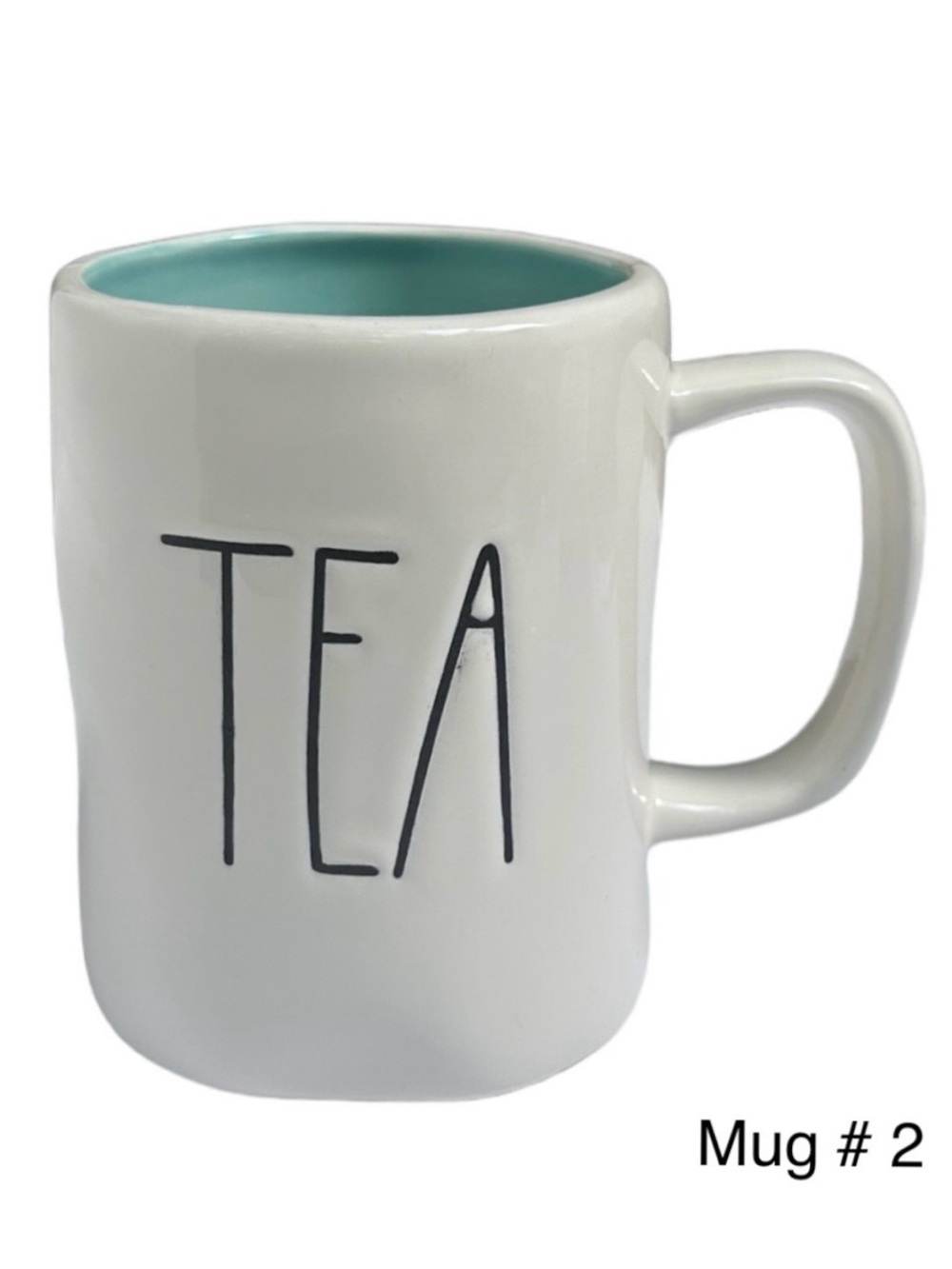Rae Dunn TEA Mug White Teal Interior Black Large Letter Dimples NWT 2017 OG